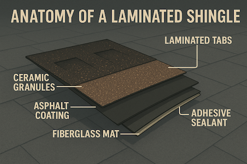 Illustration showing the anatomy of a laminated shingle with labeled layers including laminated tabs, ceramic granules, asphalt coating, adhesive sealant, and fiberglass mat. Designed for North Texas roofing education.