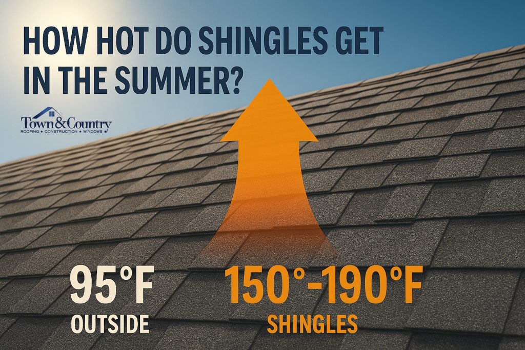 Infographic showing how roof shingles can reach 150-190°F in the summer compared to 95°F outside in Frisco, TX