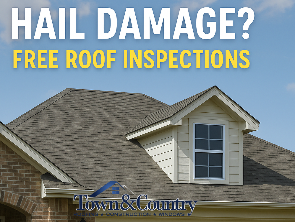 Hail damage on roof in Frisco TX with free inspection offer from Town & Country Roofing