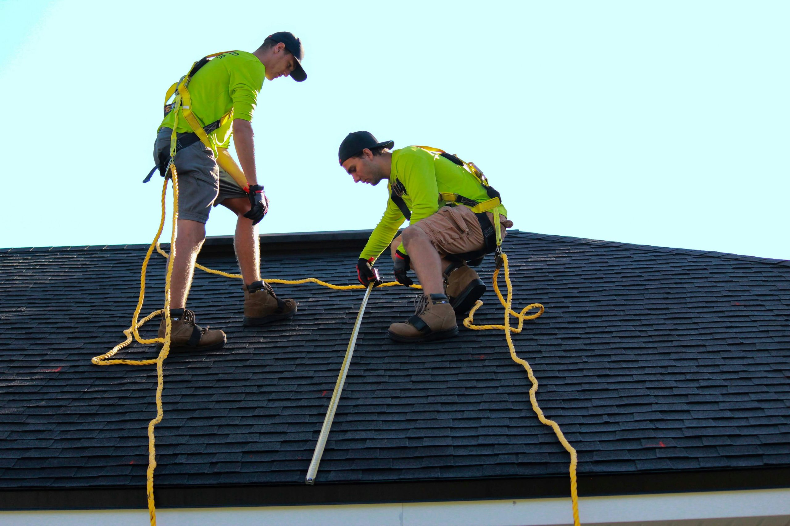 Provide succinct, accurate ALT text that includes a key phrase and describes what’s in the image. For this photo you might use something like: “Roofers wearing safety harnesses conducting a roof inspection on a home in Frisco, TX.” This aids accessibility and tells search engines what the image represents.